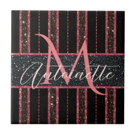 Glam Glitter Monogramme Name Black and Pink Tegeltje