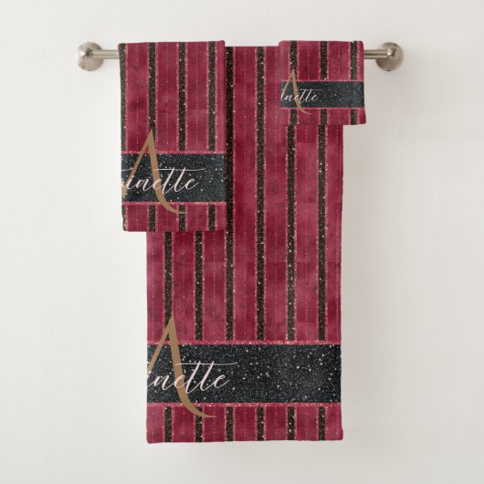 Glam Glitter Monogrammed Name Burgundy Red Bad Handdoek (Insitu)