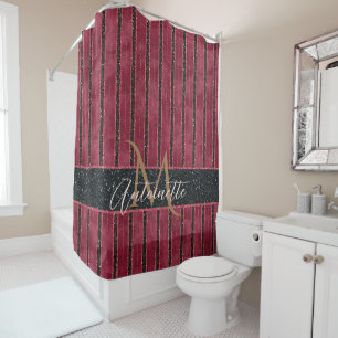 Glam Glitter Monogrammed Name Burgundy Red Douchegordijn