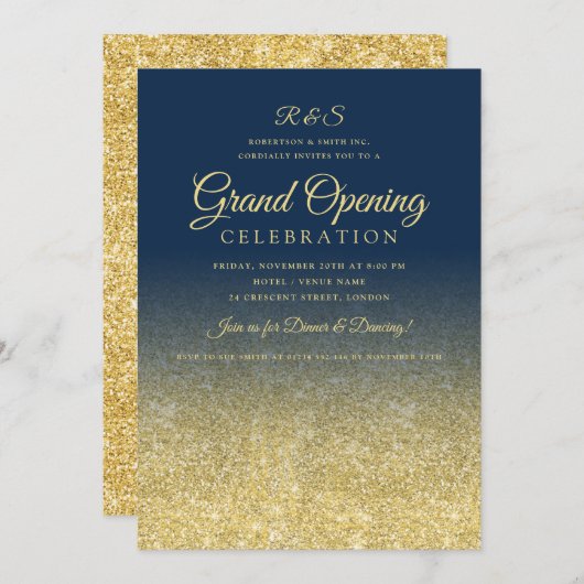 Glam Glitter Navy Corporate Grand Open Gold Glam Kaart (Voorkant / Achterkant)