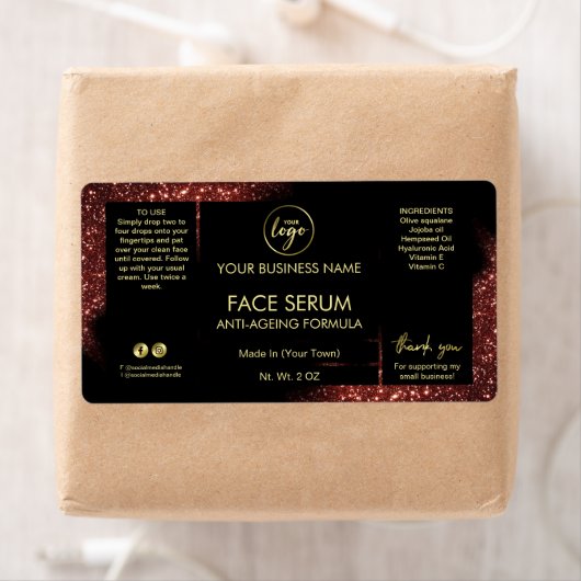 Glam Glitter Red Black Gold Face Hair Serum Label (Insitu)