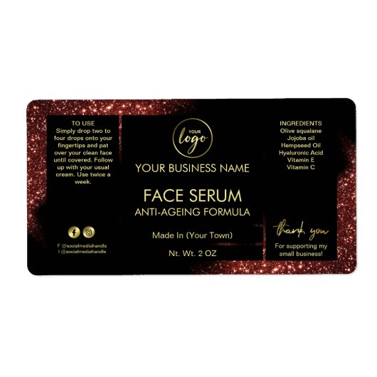 Glam Glitter Red Black Gold Face Hair Serum Label (Voorkant)