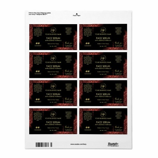 Glam Glitter Red Black Gold Face Hair Serum Label (Full Sheet)
