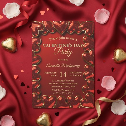 Glam Glitter Red Gold Hearts Valentine's Day Party Kaart