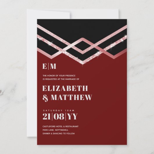 Glam Glitter Rosegold Black Deco Wedding Invite (Voorkant)