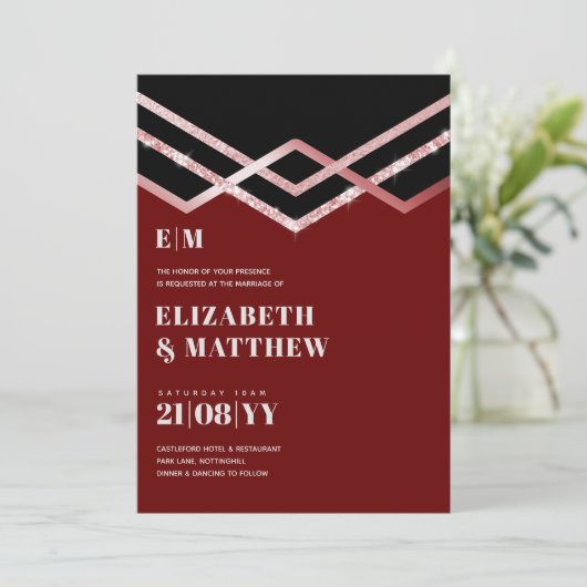 Glam Glitter Rosegold Black Deco Wedding Invite (Staand voorkant)