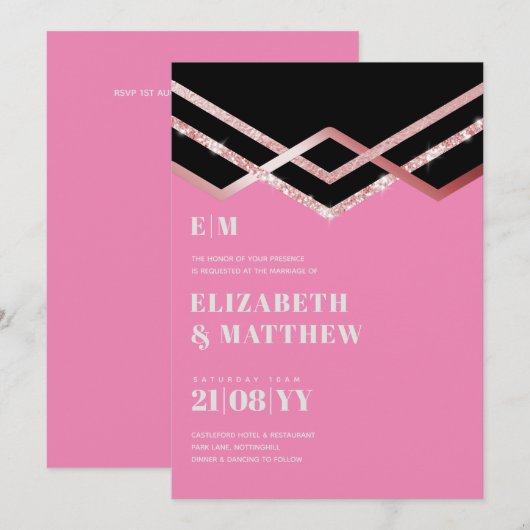 Glam Glitter Rosegold Black Deco Wedding Invite (Voorkant / Achterkant)