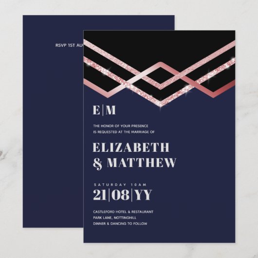 Glam Glitter Rosegold Black Deco Wedding Invite (Voorkant / Achterkant)