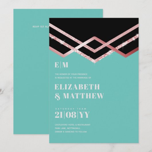 Glam Glitter Rosegold Black Deco Wedding Invite (Voorkant / Achterkant)