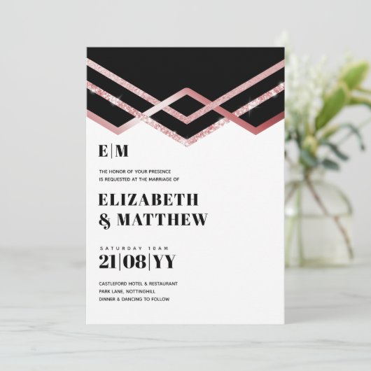 Glam Glitter Rosegold Black Deco Wedding Invite (Staand voorkant)
