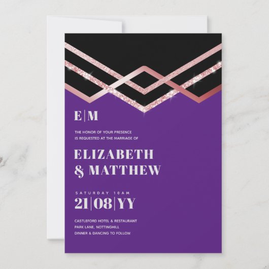 Glam Glitter Rosegold Black Deco Wedding Invite (Voorkant)