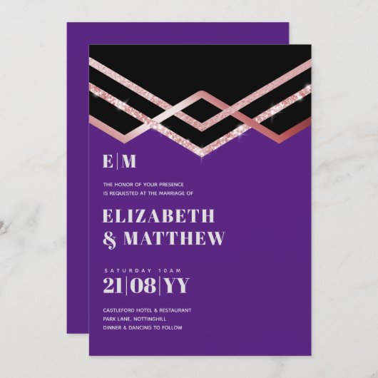 Glam Glitter Rosegold Black Deco Wedding Invite (Voorkant / Achterkant)