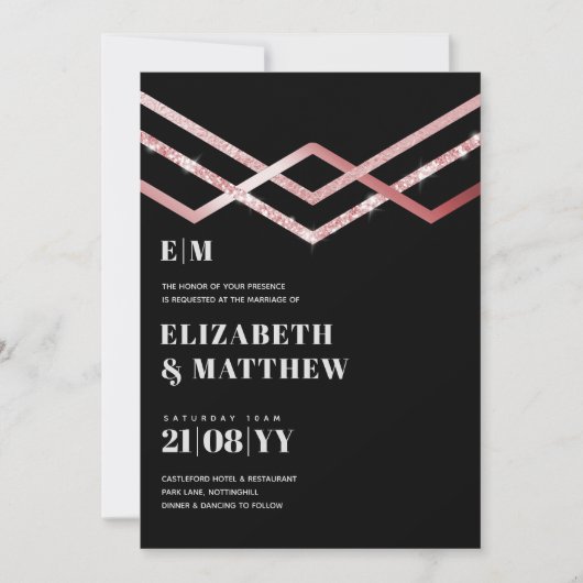 Glam Glitter Rosegold Black Deco Wedding Invite (Voorkant)