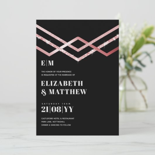 Glam Glitter Rosegold Black Deco Wedding Invite (Staand voorkant)