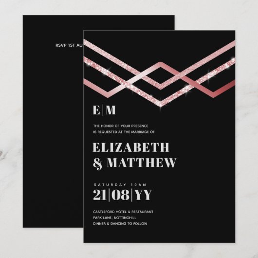 Glam Glitter Rosegold Black Deco Wedding Invite (Voorkant / Achterkant)
