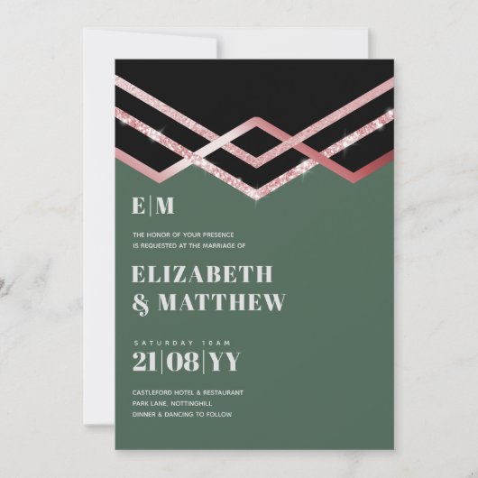 Glam Glitter Rosegold Black Deco Wedding Invite (Voorkant)