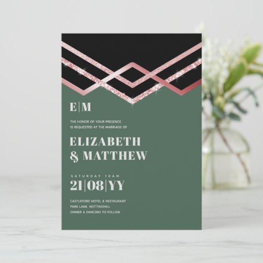 Glam Glitter Rosegold Black Deco Wedding Invite (Staand voorkant)