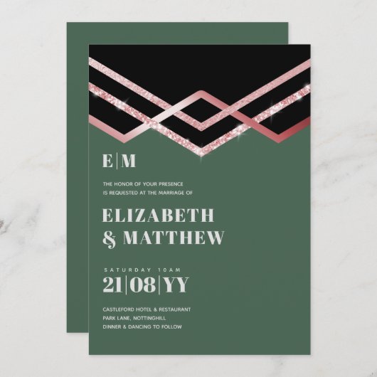 Glam Glitter Rosegold Black Deco Wedding Invite (Voorkant / Achterkant)