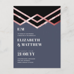 Glam Glitter Rosegold Black Deco Wedding Invite Briefkaart