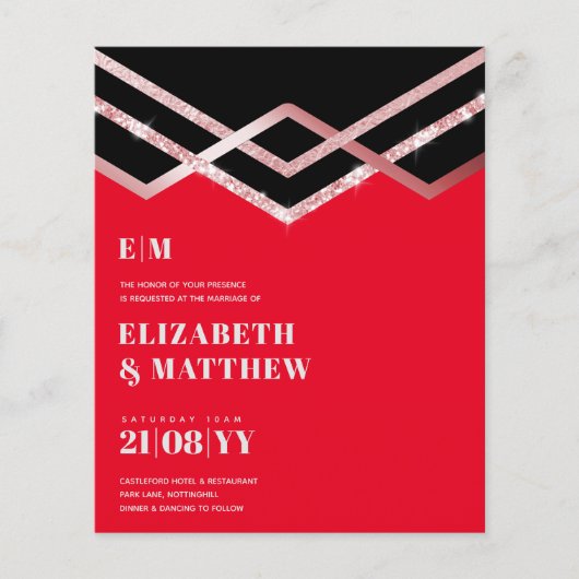 Glam Glitter Rosegold Black Deco Wedding Invite Flyer (Voorkant)