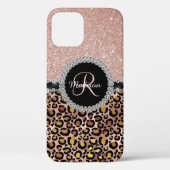 Glam Glitter Roze Goud Diamanten Monogram Luipaard Case-Mate iPhone Case (Achterkant)