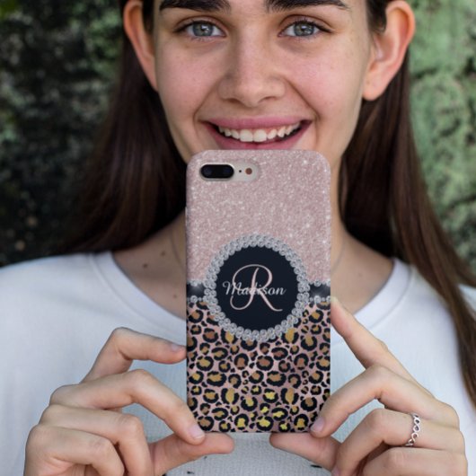 Glam Glitter Roze Goud Diamanten Monogram Luipaard Case-Mate iPhone Case