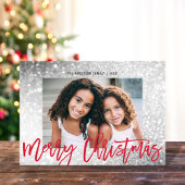Glam Glitter Zilver Rood Script Kerstfoto Feestdagenkaart