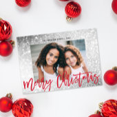 Glam Glitter Zilver Rood Script Kerstfoto Feestdagenkaart