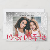 Glam Glitter Zilver Rood Script Kerstfoto Feestdagenkaart (Voorkant)