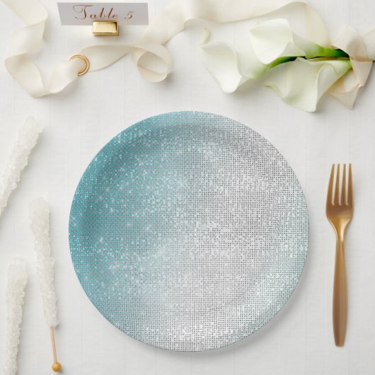 Glam Glitzy Aqua Ombre Sparkle Bruiloft Papieren Bordje (Huwelijk)