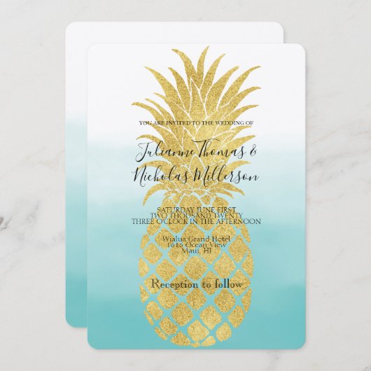 Glam Gold Ananas Aqua Waterverf Ombre Bruiloft Kaart (Voorkant / Achterkant)