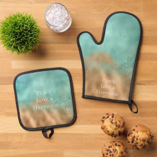Glam Gold Aqua Glitz Glitter Ovenwant & Pannenlap Set (Top down)