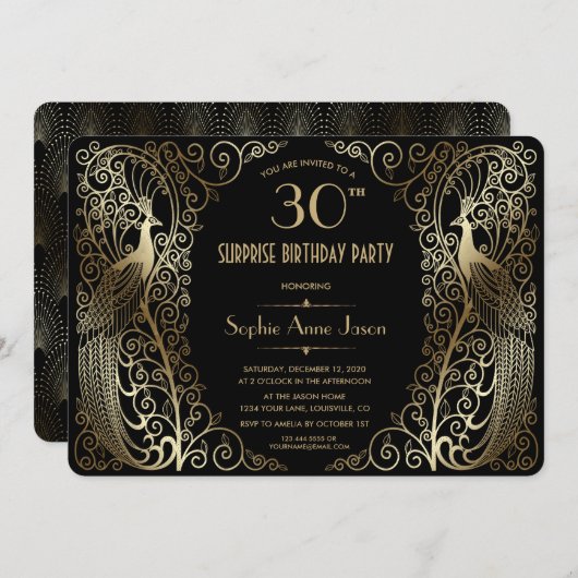 Glam Gold Art Deco Pauwen Verjaardagsfeest Uitnodi Kaart (Voorkant / Achterkant)