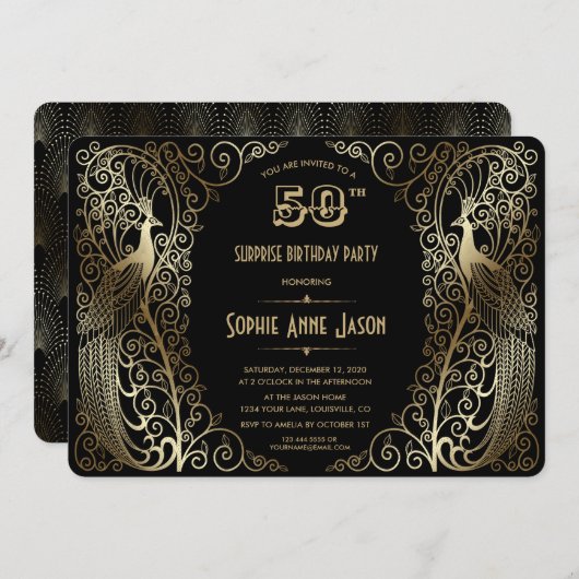 Glam Gold Art Deco Peacocks 50e verjaardag Kaart (Voorkant / Achterkant)