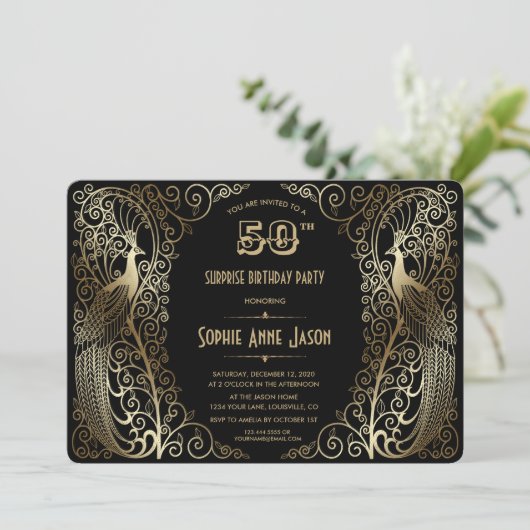 Glam Gold Art Deco Peacocks 50e verjaardag Kaart (Staand voorkant)