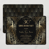 Glam Gold Art Deco Peacocks Birthday Party Invite Kaart (Voorkant / Achterkant)