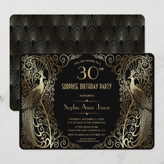 Glam Gold Art Deco Peacocks Birthday Party Invite Kaart (Voorkant / Achterkant)