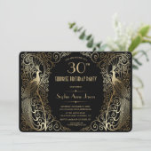 Glam Gold Art Deco Peacocks Birthday Party Invite Kaart (Staand voorkant)