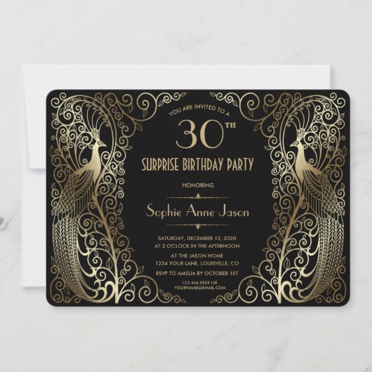 Glam Gold Art Deco Peacocks Birthday Party Invite Kaart (Voorkant)
