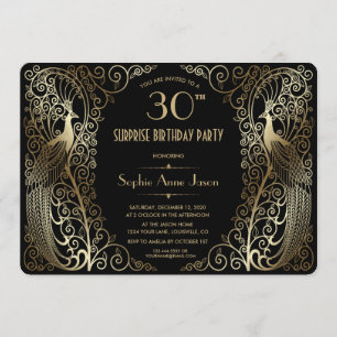 Glam Gold Art Deco Peacocks Birthday Party Invite Kaart