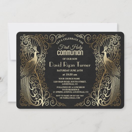 Glam Gold Art Deco Peacocks Eerste Heilige Communi Kaart (Voorkant)