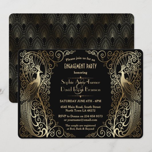 Glam Gold Art Deco Peacocks Engagement Party Kaart (Voorkant / Achterkant)