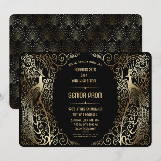 Glam Gold Art Deco Peacocks Senior Prom Invite Kaart (Voorkant / Achterkant)
