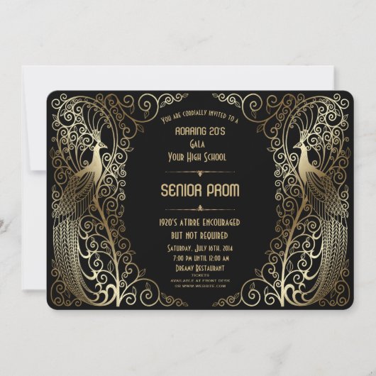 Glam Gold Art Deco Peacocks Senior Prom Invite Kaart (Voorkant)