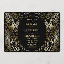 Glam Gold Art Deco Peacocks Senior Prom Invite Kaart