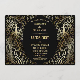 Glam Gold Art Deco Peacocks Senior Prom Invite Kaart