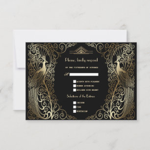 Glam Gold Art Deco Peacocks Senior Wedding RSVP Kaartje