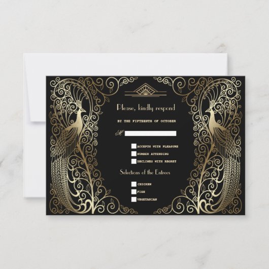 Glam Gold Art Deco Peacocks Senior Wedding RSVP Kaartje (Voorkant)