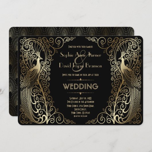 Glam Gold Art Deco Peacocks Weddenschap Kaart (Voorkant / Achterkant)