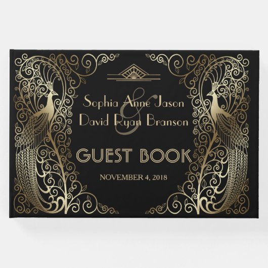 Glam Gold Art Deco Peacocks Wedding Gastenboek (Voorkant)